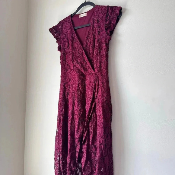Altar'd State Dresses & Skirts - Altar’d State Burgundy Lace Wrap Midi Dress Elegant V-Neck Flutter Sleeve Small